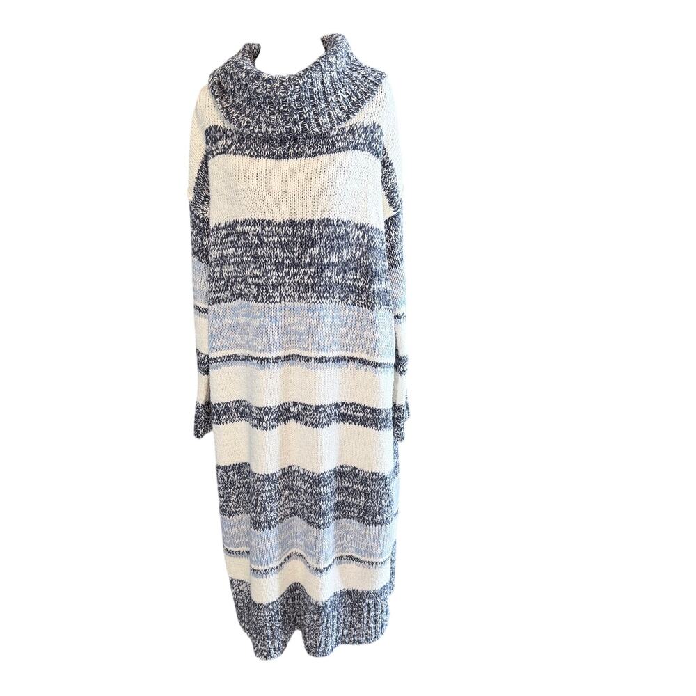 Free people beach long line cowl neck sweater large side slits blue block stripe